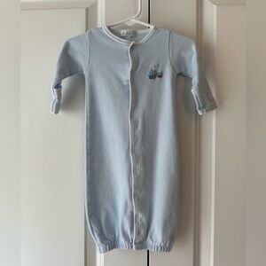 Magnolia Baby Train Embroidered Convertible Gown Blue & White Striped (Sz M/6M)